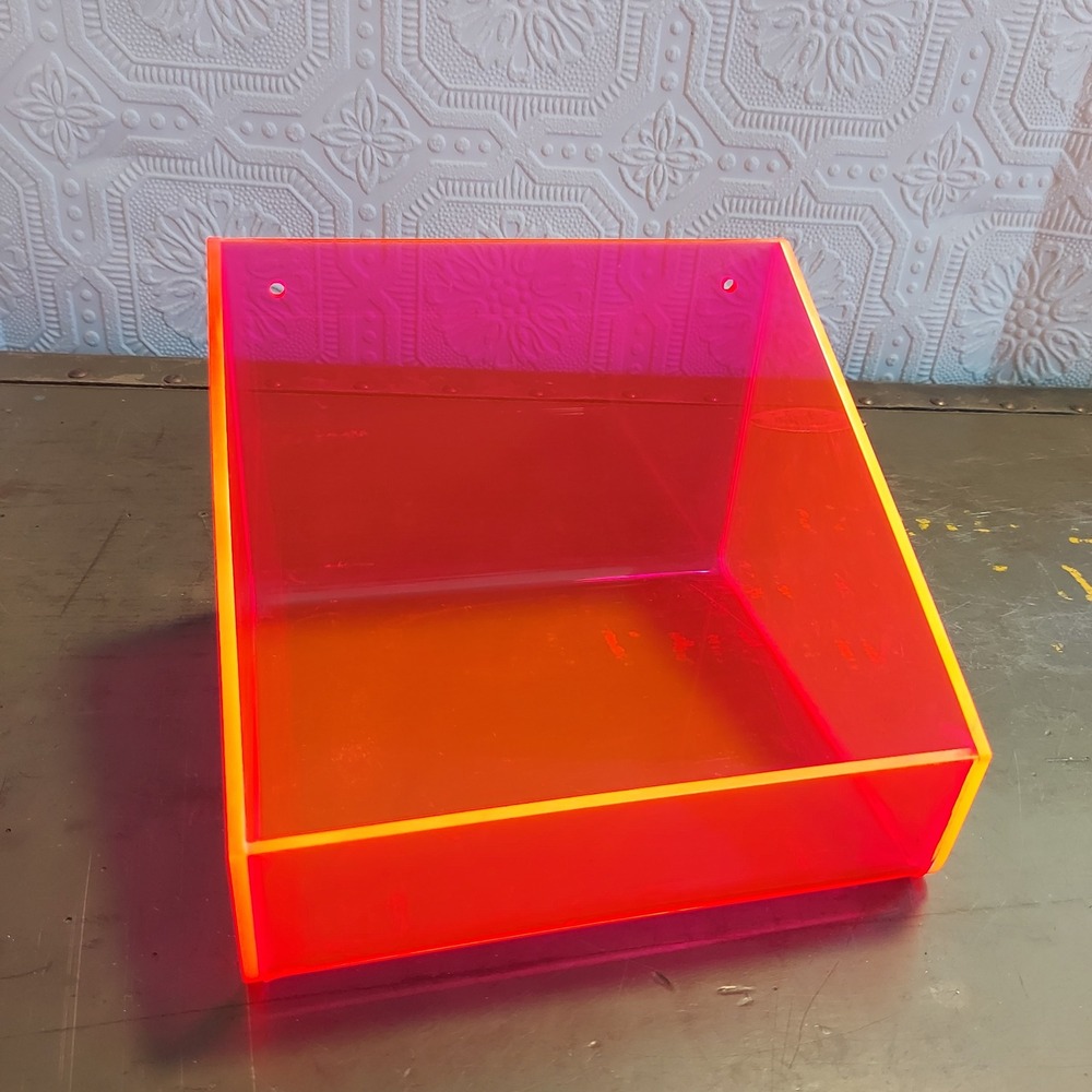 Neon Orange Dayglow Acrylic Wall Mount Storage Bin Slanted Front Organizer 6.25"